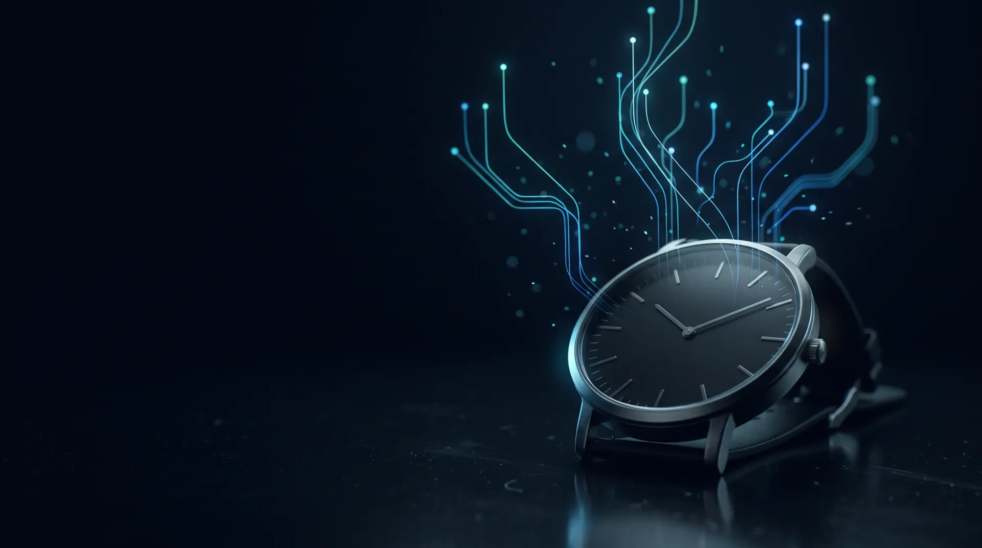 Wristwatch on a dark surface with glowing automation pathways branching out of its face