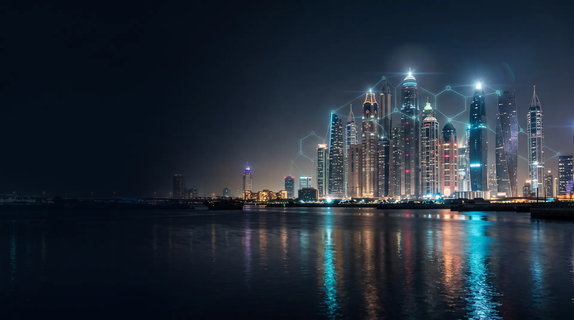Dubai skyline at night with a glowing hexagon network linking the towers